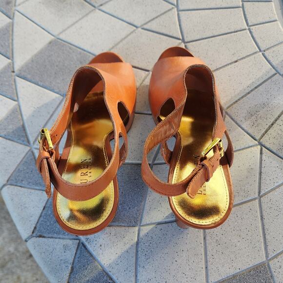 Lauren Ralph Lauren Synthia Cognac Leather Platform Slingback Sandals 10 - Picture 7 of 15